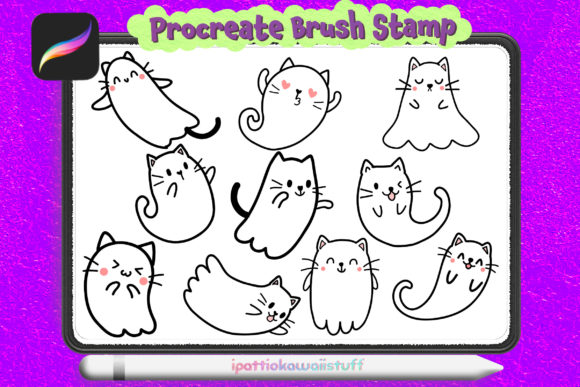 Procreate Brush Stamp Doodle Ghost Cat for Kawaii Art